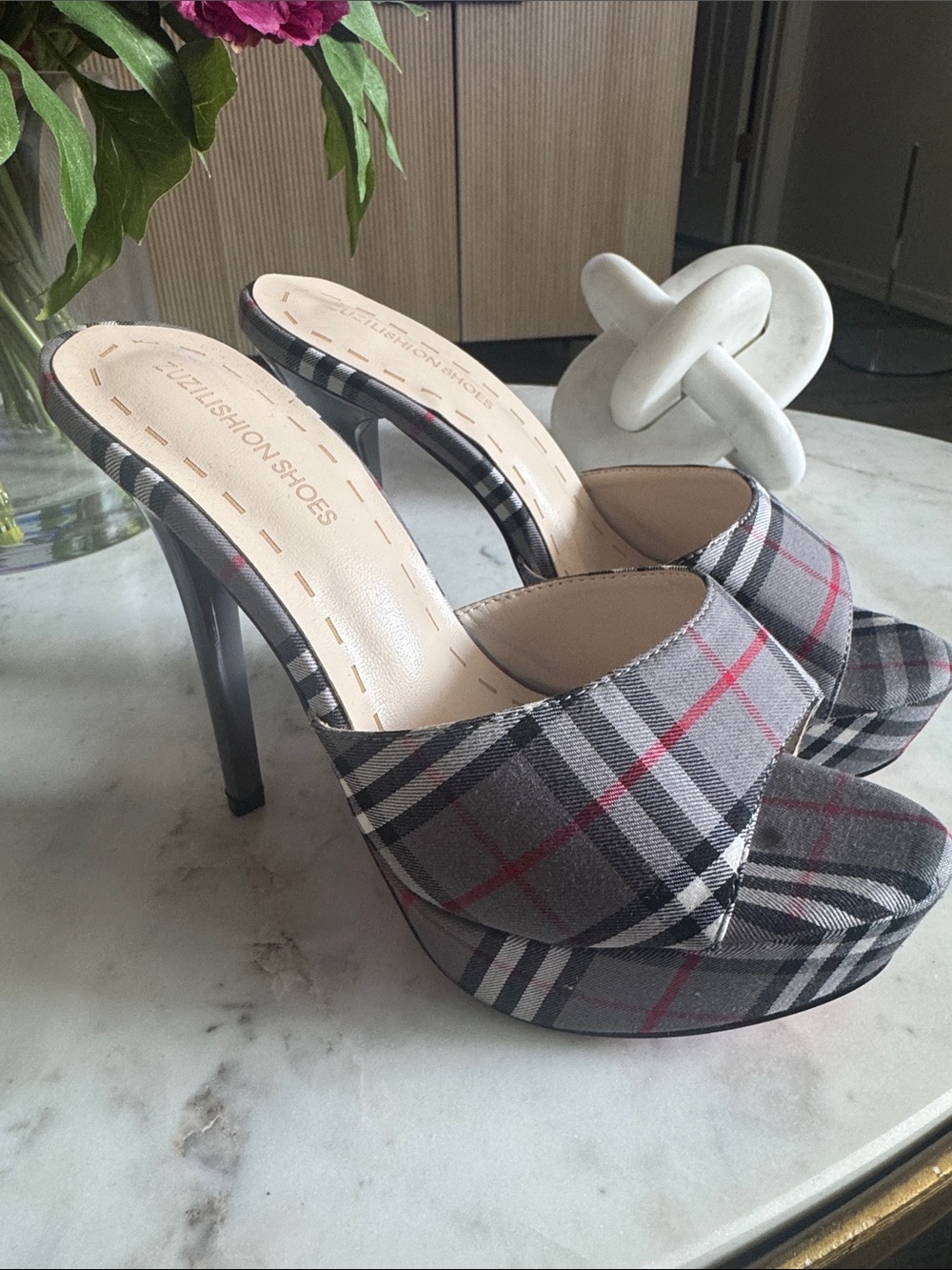 Plaid Open-Toe Stiletto Slides in Gray, Black and Red